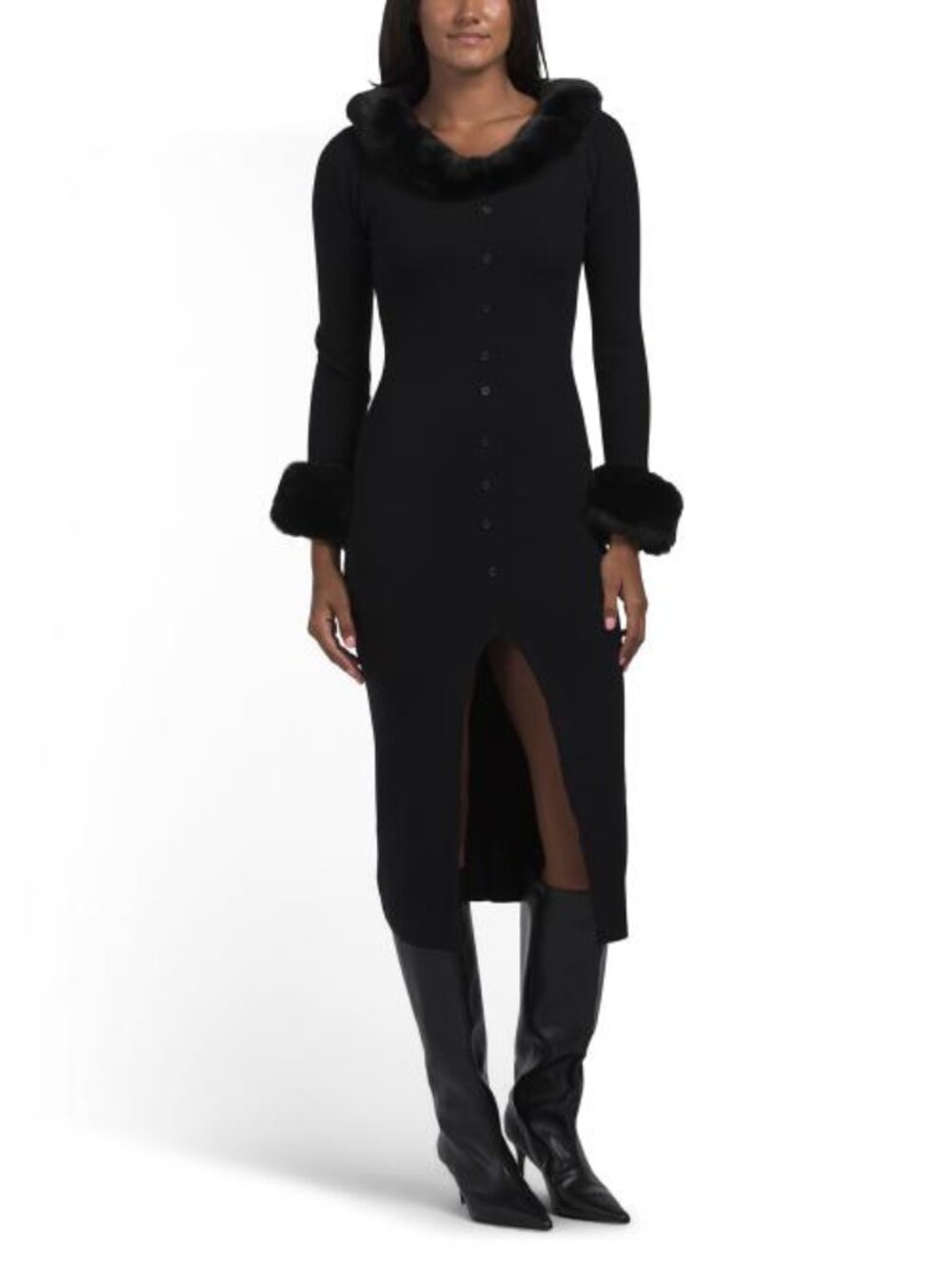 WDNY Faux Fur Trim Button Front Sweater Dress